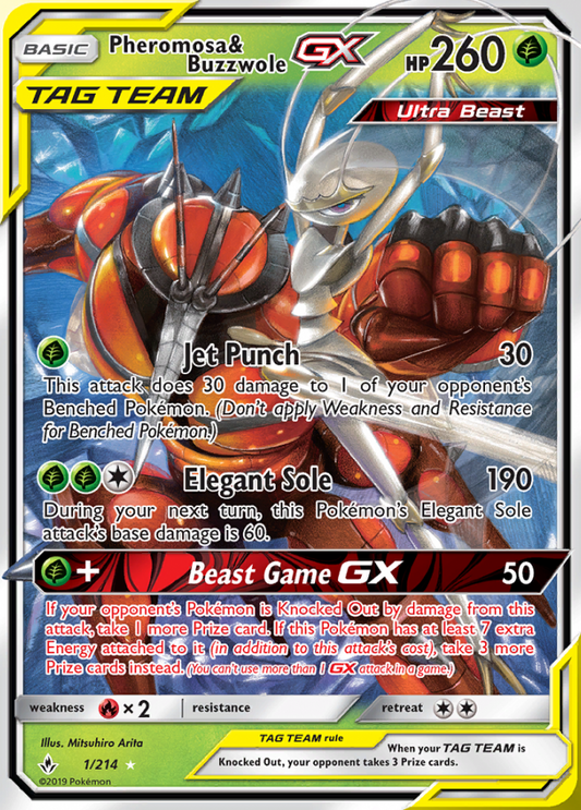 Unbroken Bonds - 001/214 - Pheromosa &amp; Buzzwole GX (Tag Team)