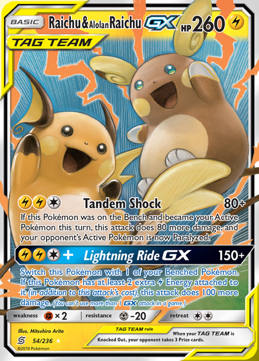 Unified Minds - 054/236 - Raichu &amp; Alolan Raichu GX (Tag Team)