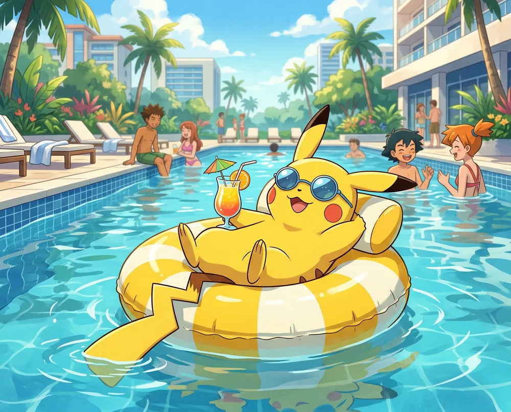 Pikachu relaxt in een zwembad